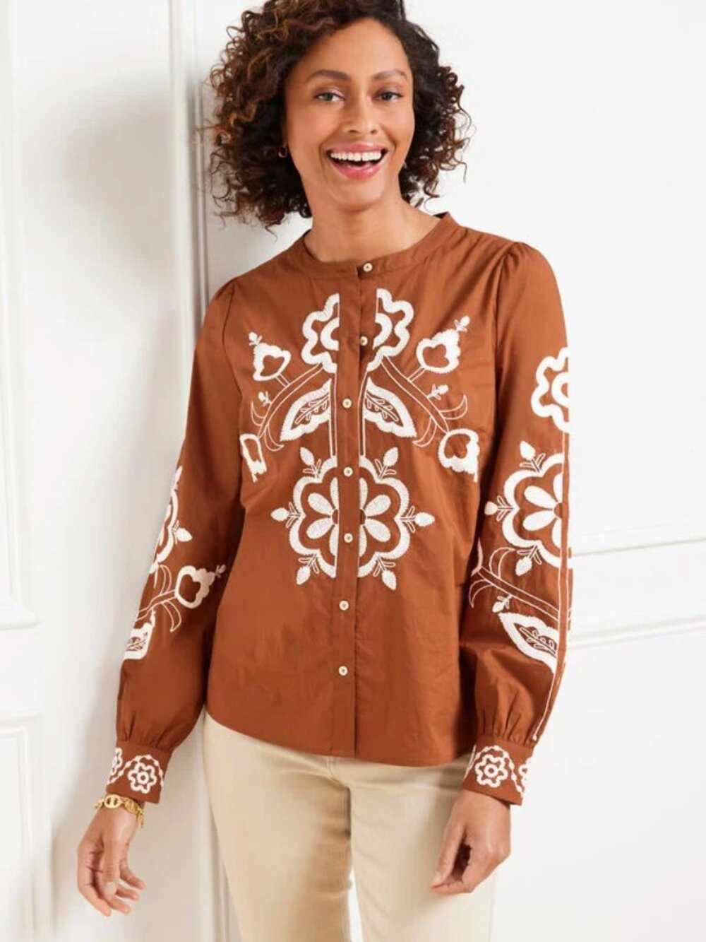 Talbots Embroidered Poplin Button-Up Top Western Boho Bohemian Prairie Sz XL